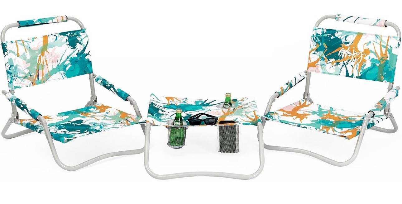 2 Pack Folding Low Beach Chairs & Table Set – Lightweight Outdoor Cyan/Orange