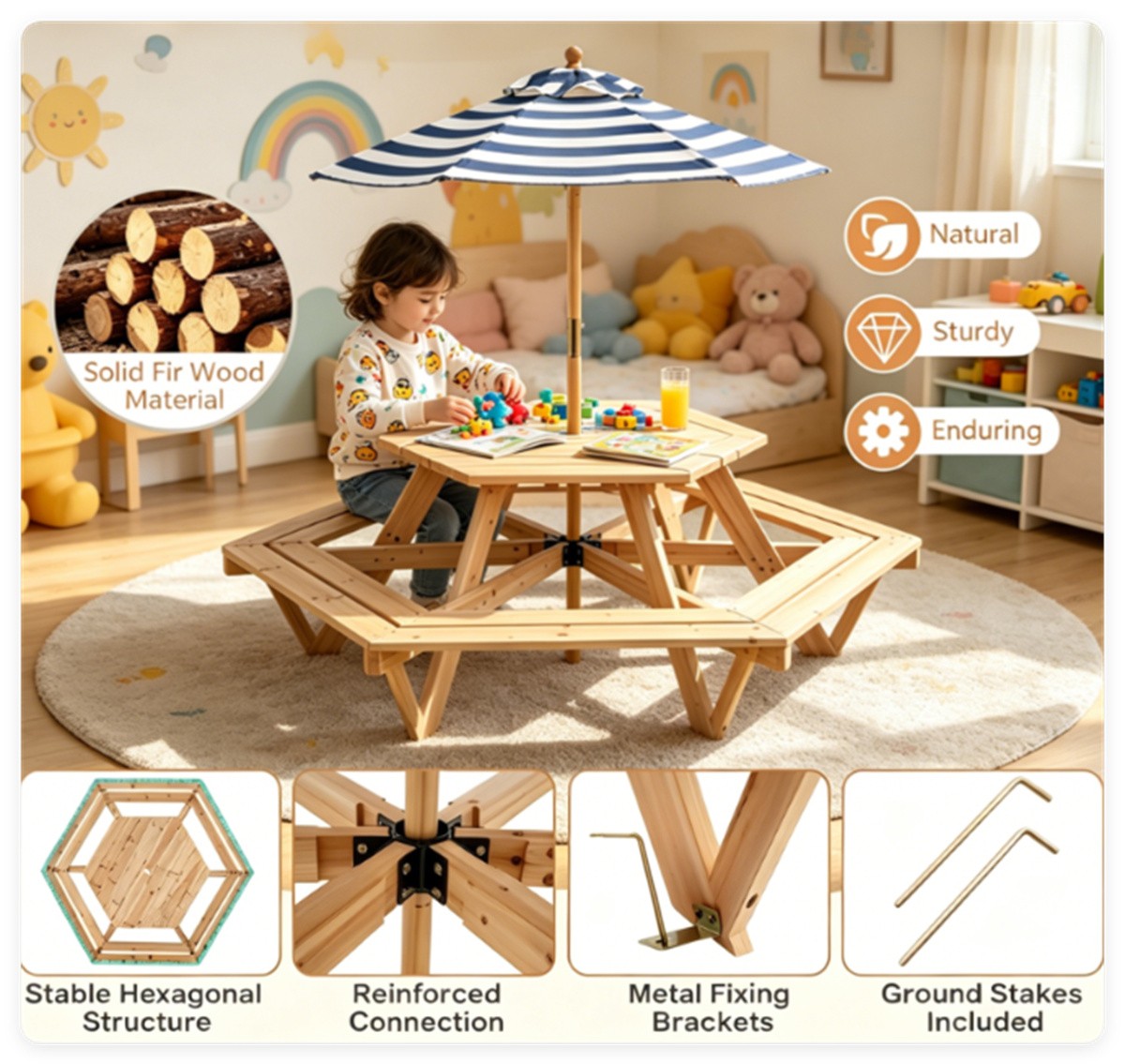 Hexagonal Kids Picnic Table & Bench Set for 6 w/ Umbrella, Fir Wood