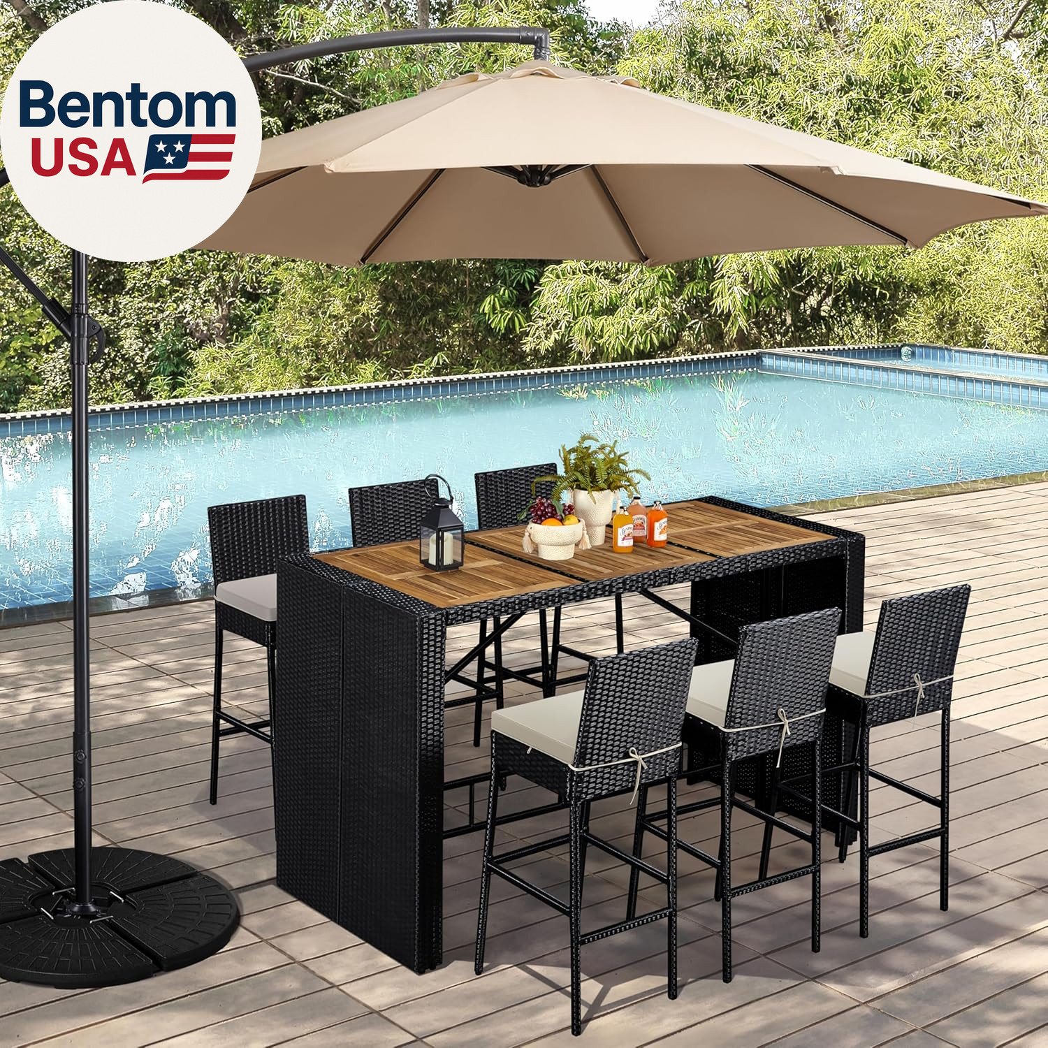 Yaheetech 7 Piece Patio Dining Set Outdoor Acacia Wood Bar Table and Chairs with