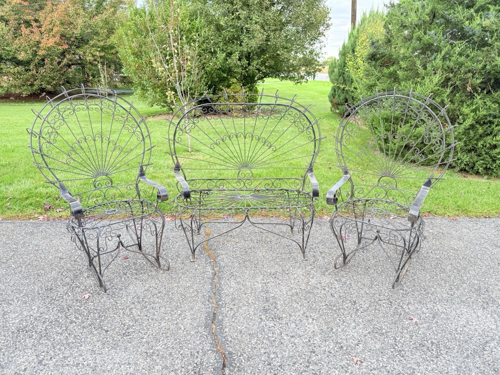 Vintage Wrought Iron Peacock Patio Furniture Set 3 Pieces Salterini Mid Century