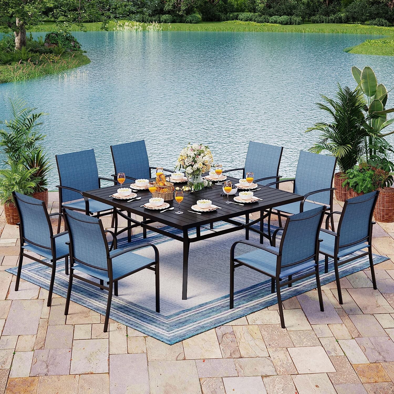 9-Piece Outdoor Patio Dining Set 60″ Square Table with Umbrella Hole 8 Chairs