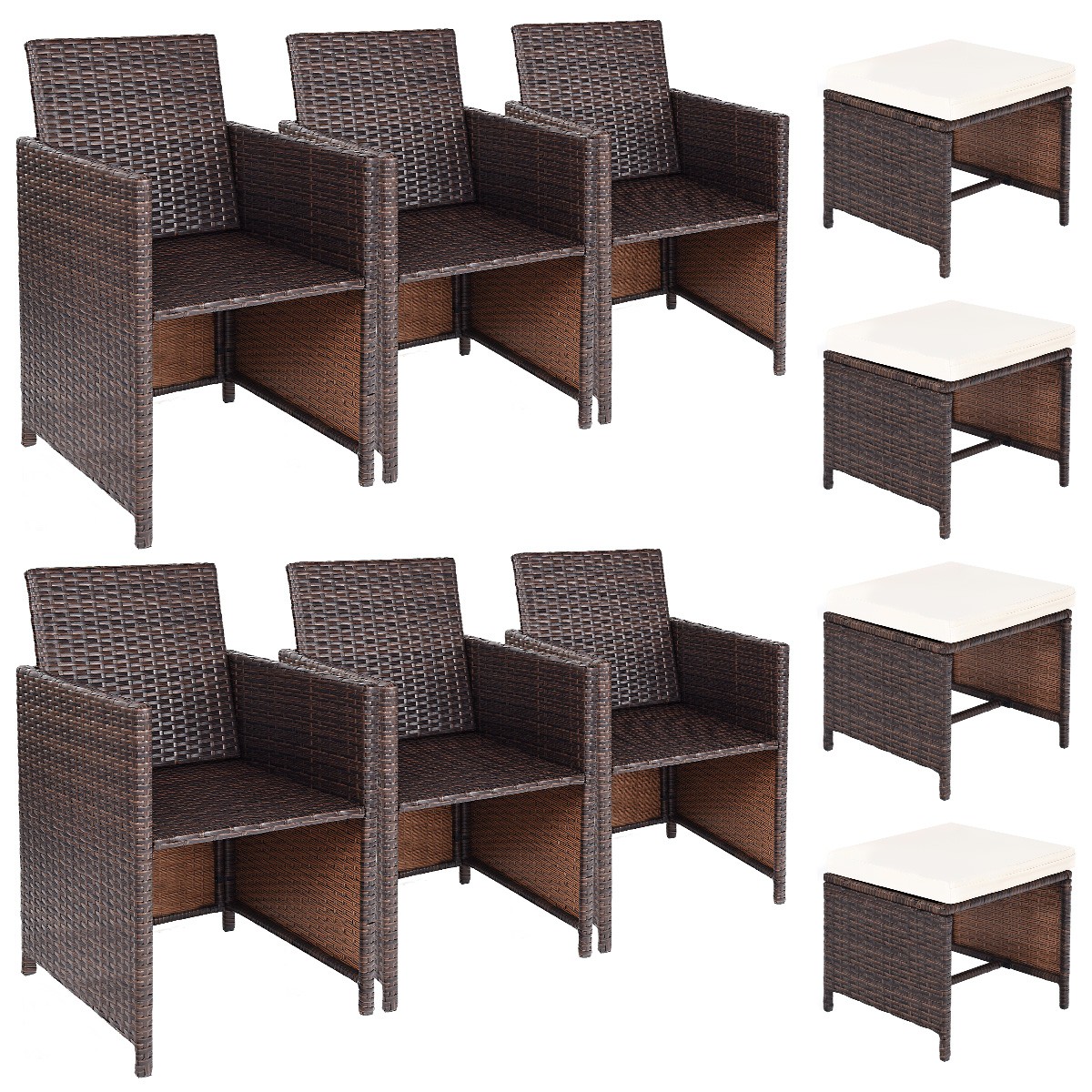 10PCS Outdoor Patio Rattan Wicker Dining Chair Armrest Ottoman Cushioned W/Cover