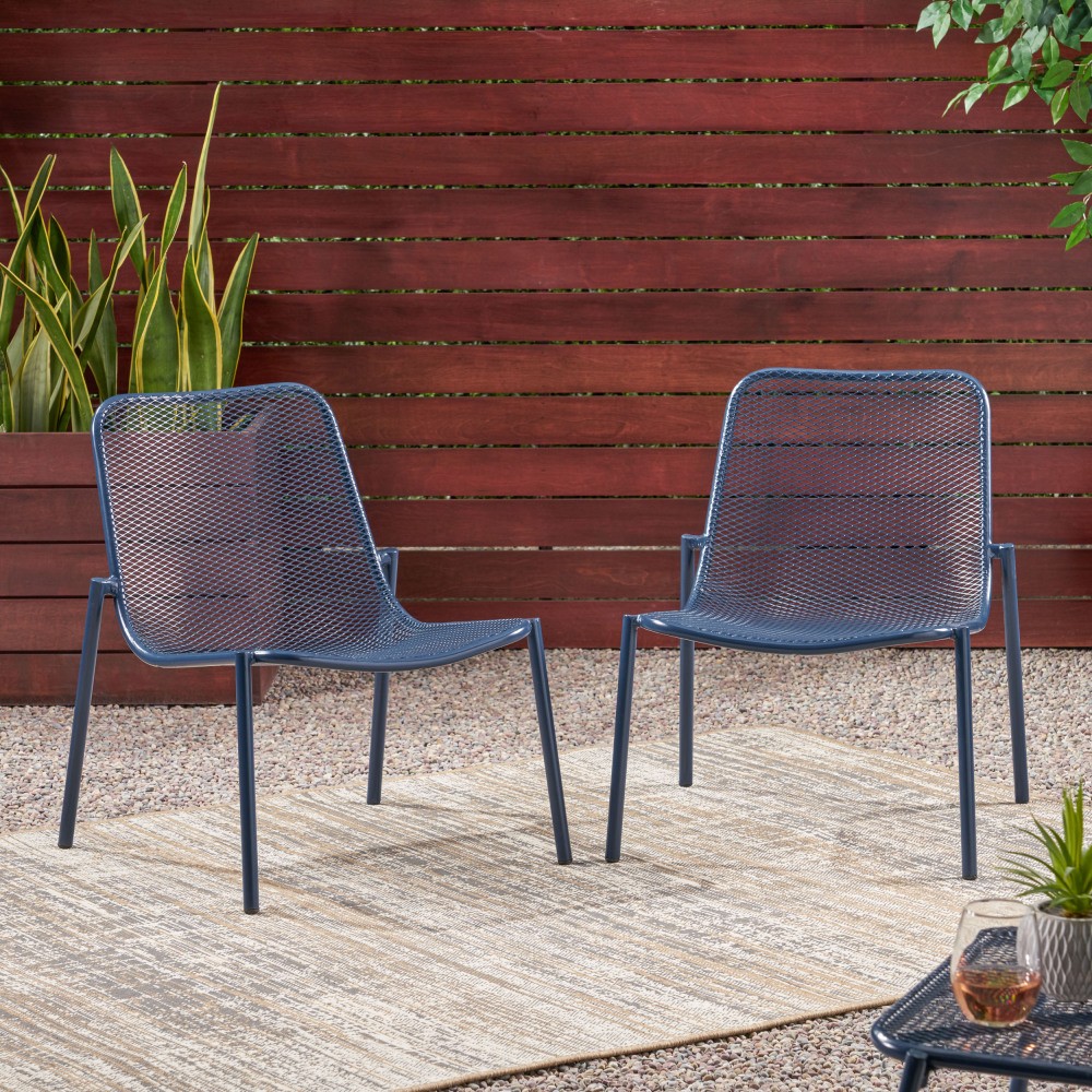 Set of 2 Teal Stackable Patio Chairs, Outdoor Mesh Seat & Powder-Coated Frame