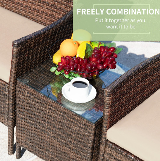 Devoko 3pc Outdoor Patio Conversation Set Wicker Bistro Chairs Beige