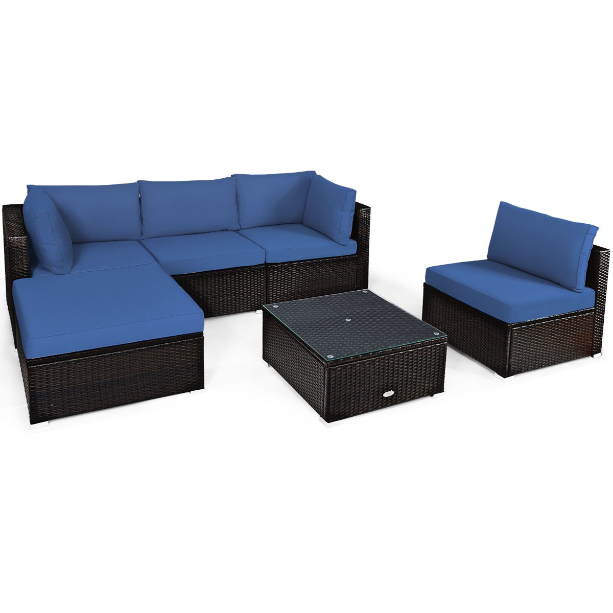 6 PCS Patio Rattan Furniture Set Cushioned Sectional Sofa Coffee Table Navy