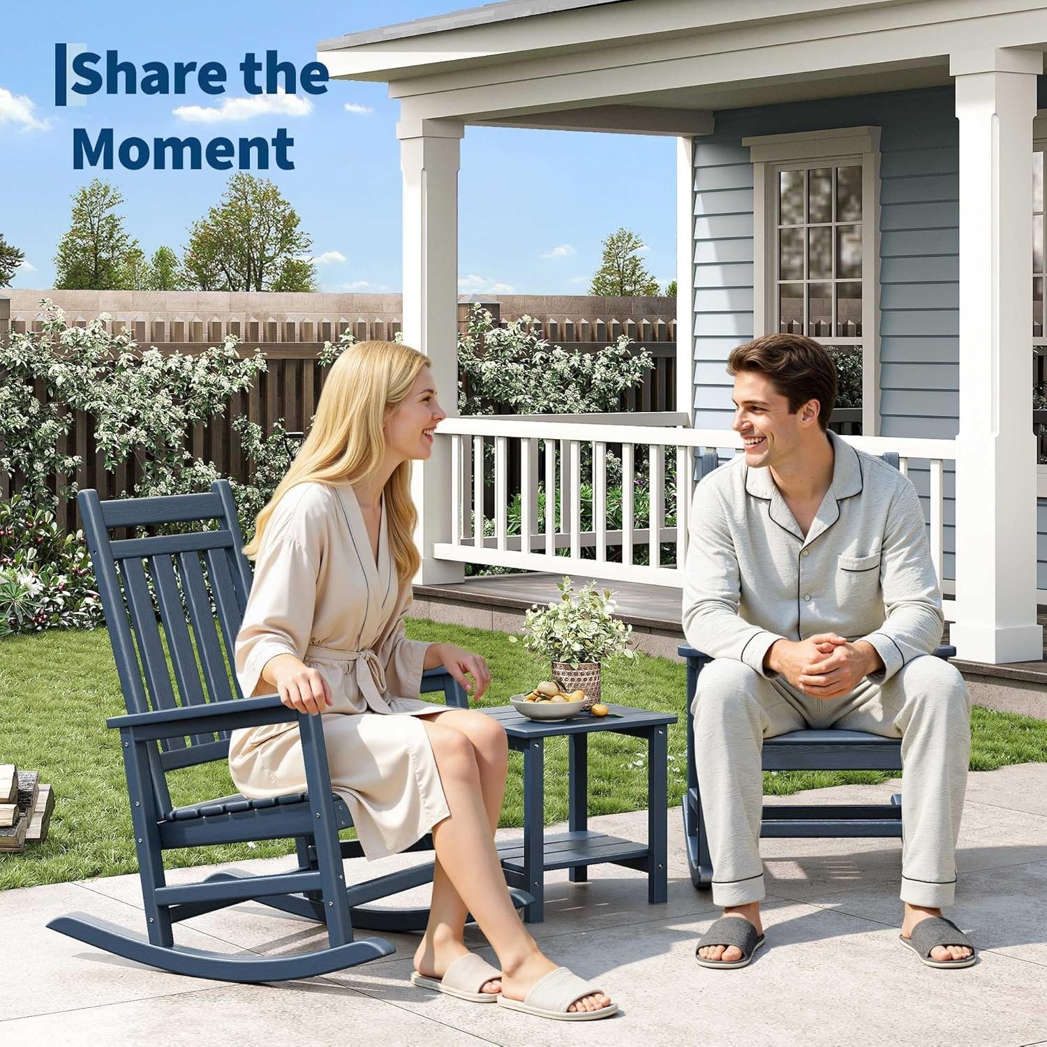 Set of 3 Outdoor Rocking Chair with Side Table HDPE Patio Furniture Rocker Chair