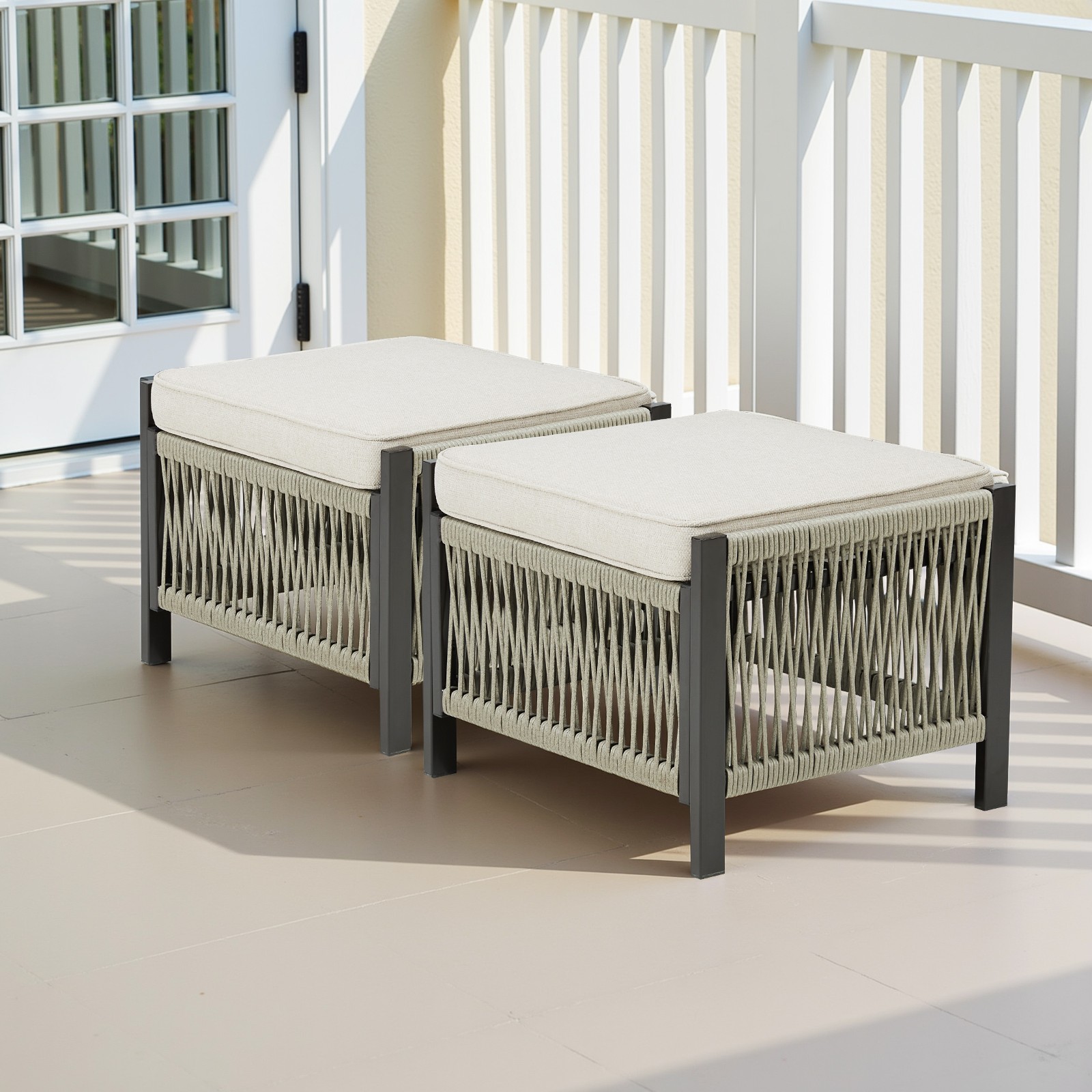 Outdoor PE Wicker Ottomans Set of 2 with Beige Cushion for Patio