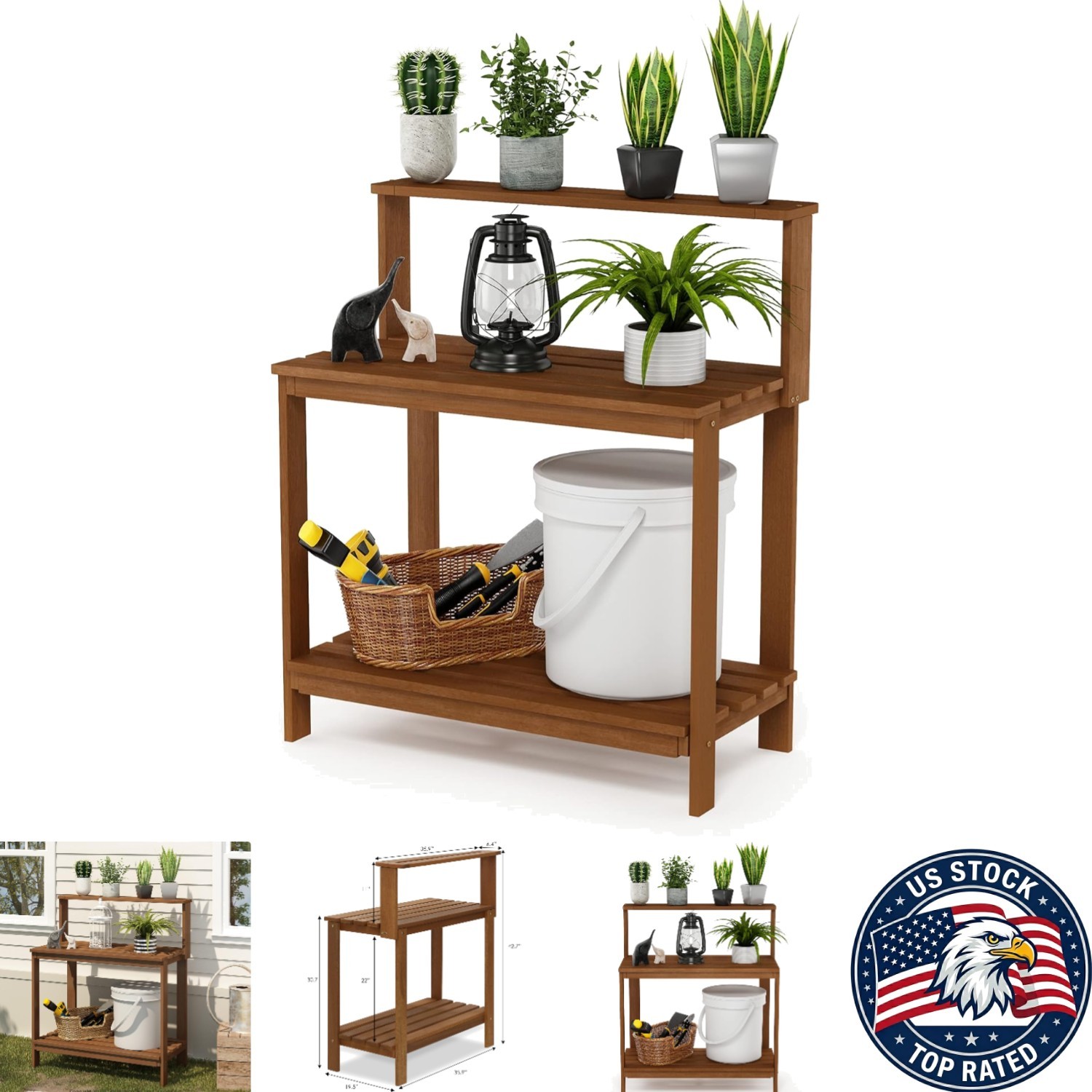 Tioman Outdoor Potting Bench: Weather-Resistant Hardwood Garden Stand – 3-Tier