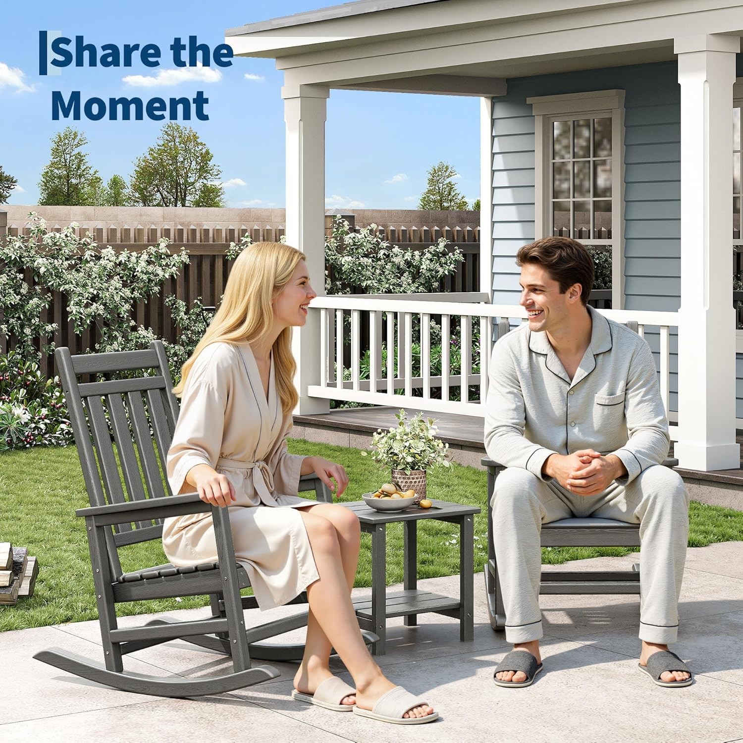 Set of 3 Outdoor Rocking Chair with Side Table HDPE Patio Furniture Rocker Chair
