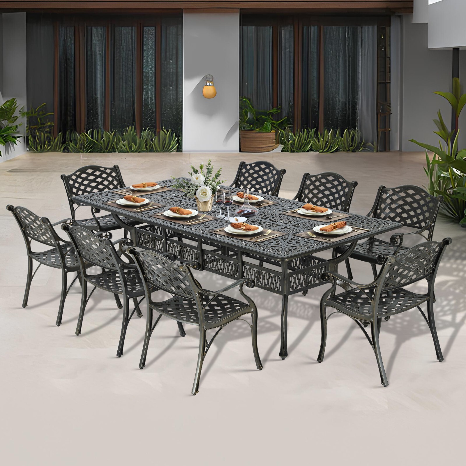 Cast Aluminum Patio Furniture Set Outdoor Table and Chairs for 8, Umbrella Hole