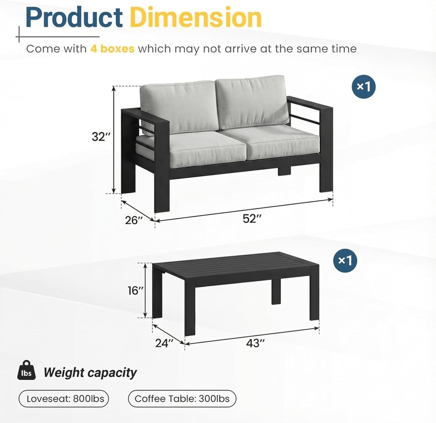 Oversized Aluminum Patio Furniture Set with Deep Seating & Cushions, Black/Gray