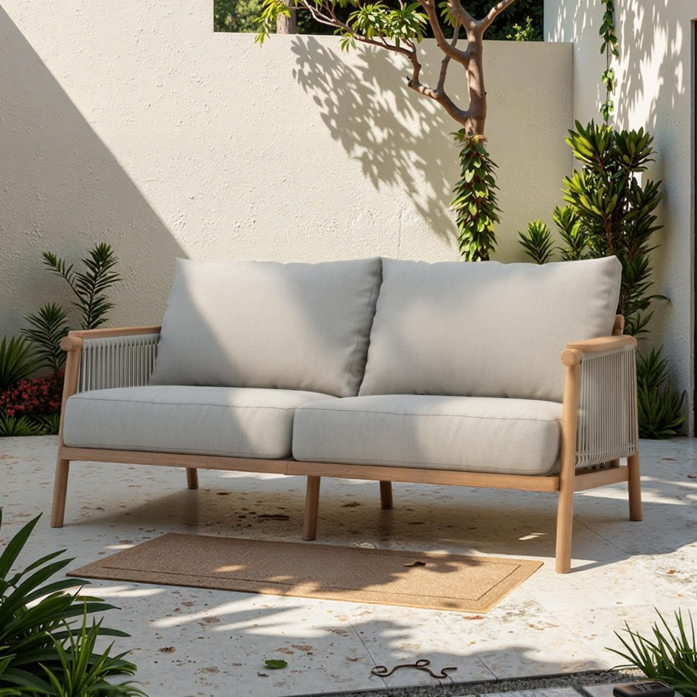 Modern All-Weather Aluminum Outdoor Patio Sofa with Thick Cushions, Olefin Fabri