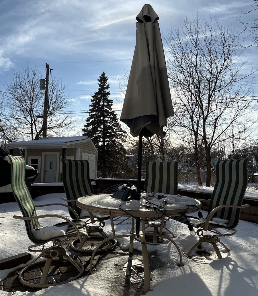 Six-Piece Patio Table & Adorable Striped Chair Set with Umbrella