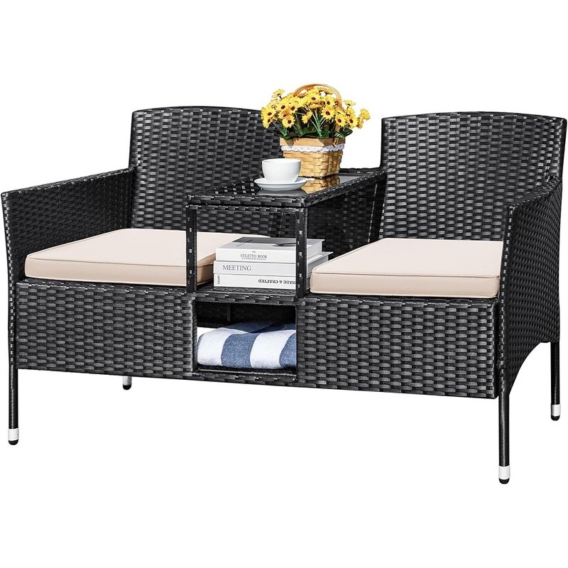 Outdoor Loveseat W/ Built-in Table Storage Durable Rattan Sofa Patio Garden New