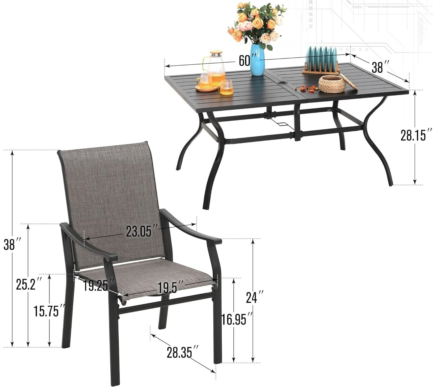 7 Piece Outdoor Patio Dining Set Fixed Chairs & Metal Table Heavy Duty for Lawn