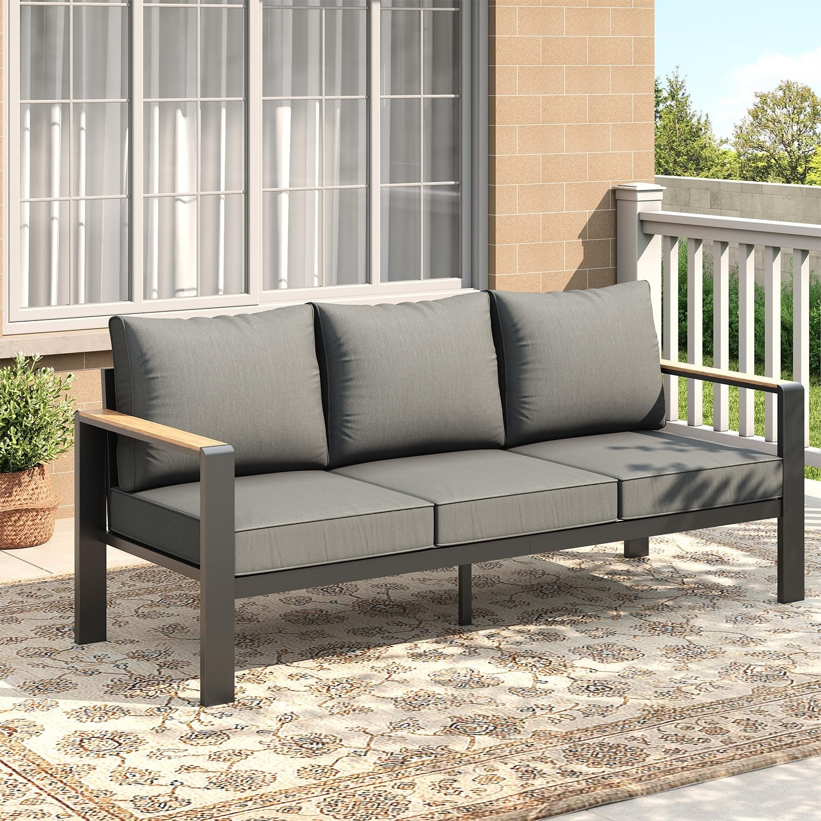 3-Seats Sofa Patio Furniture Set Outdoor Sectional Sofa Set Grey