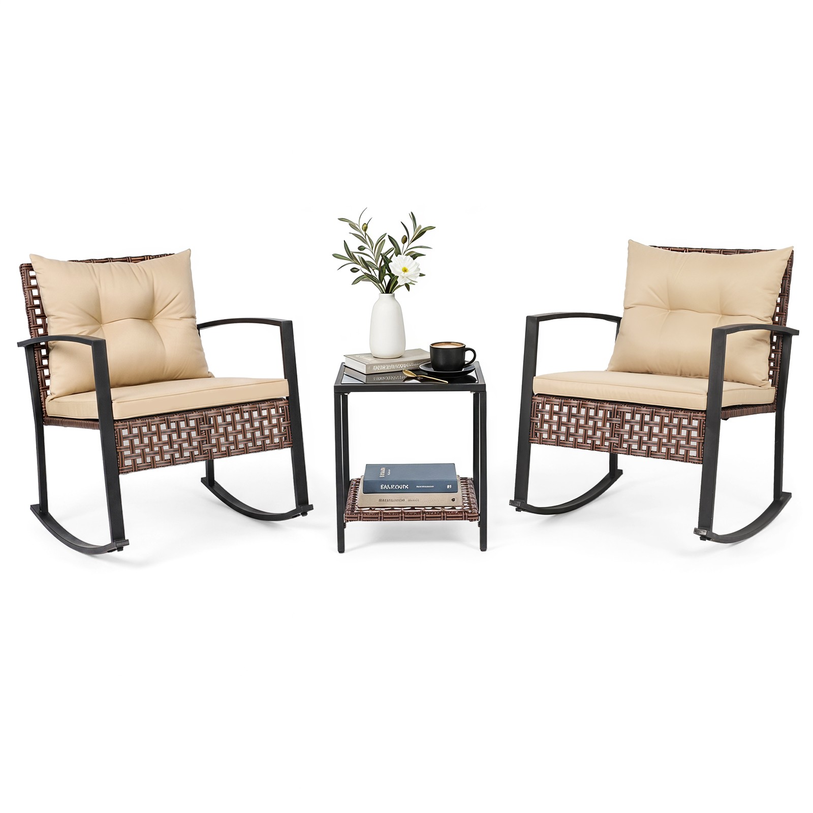 3-Piece Outdoor Rocking Chair Set with 2 Chairs & 2-Tier Glass-Top Coffee Table