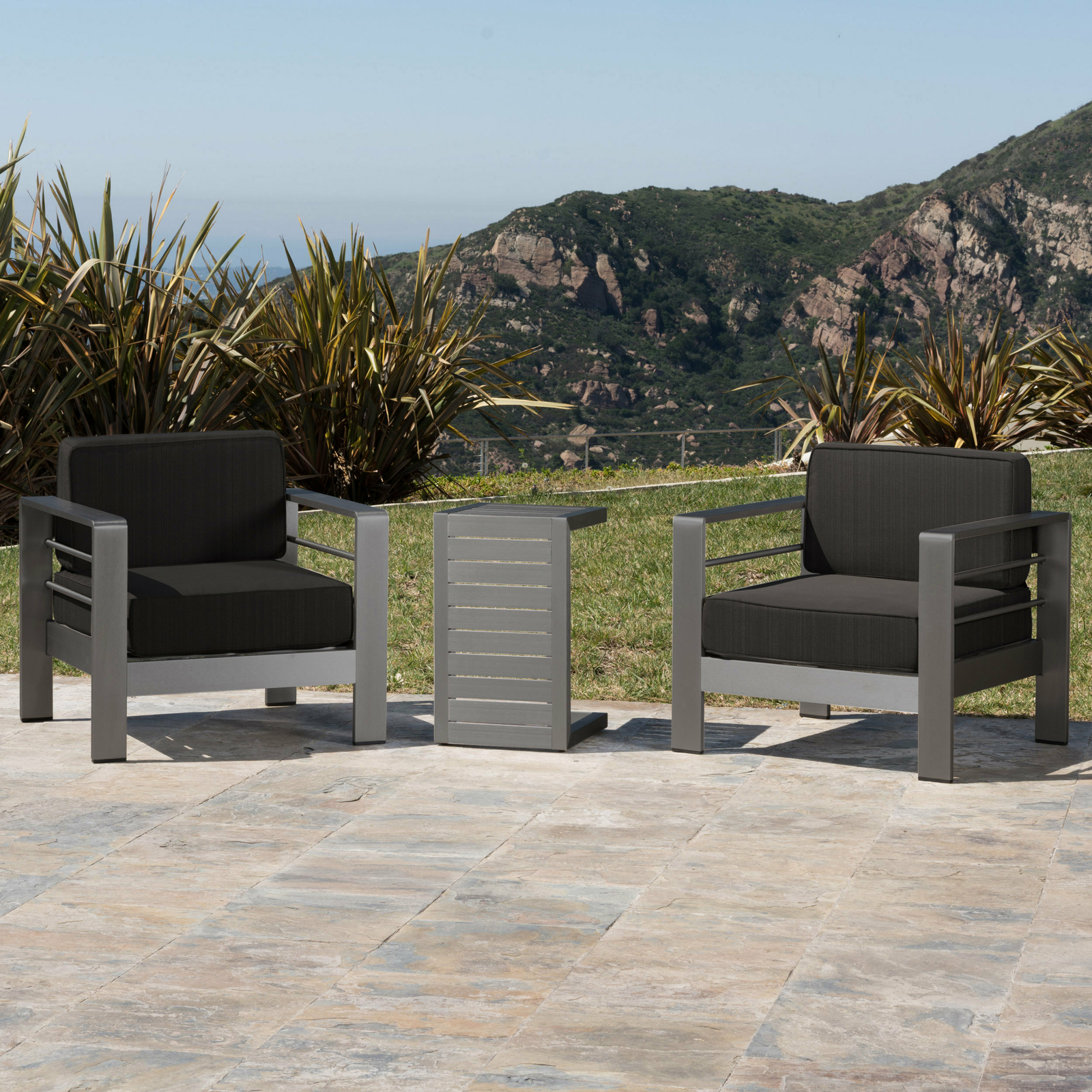 Crested Bay Outdoor Gray Aluminum 3 Piece Chat Set with Water Resistant Cushions