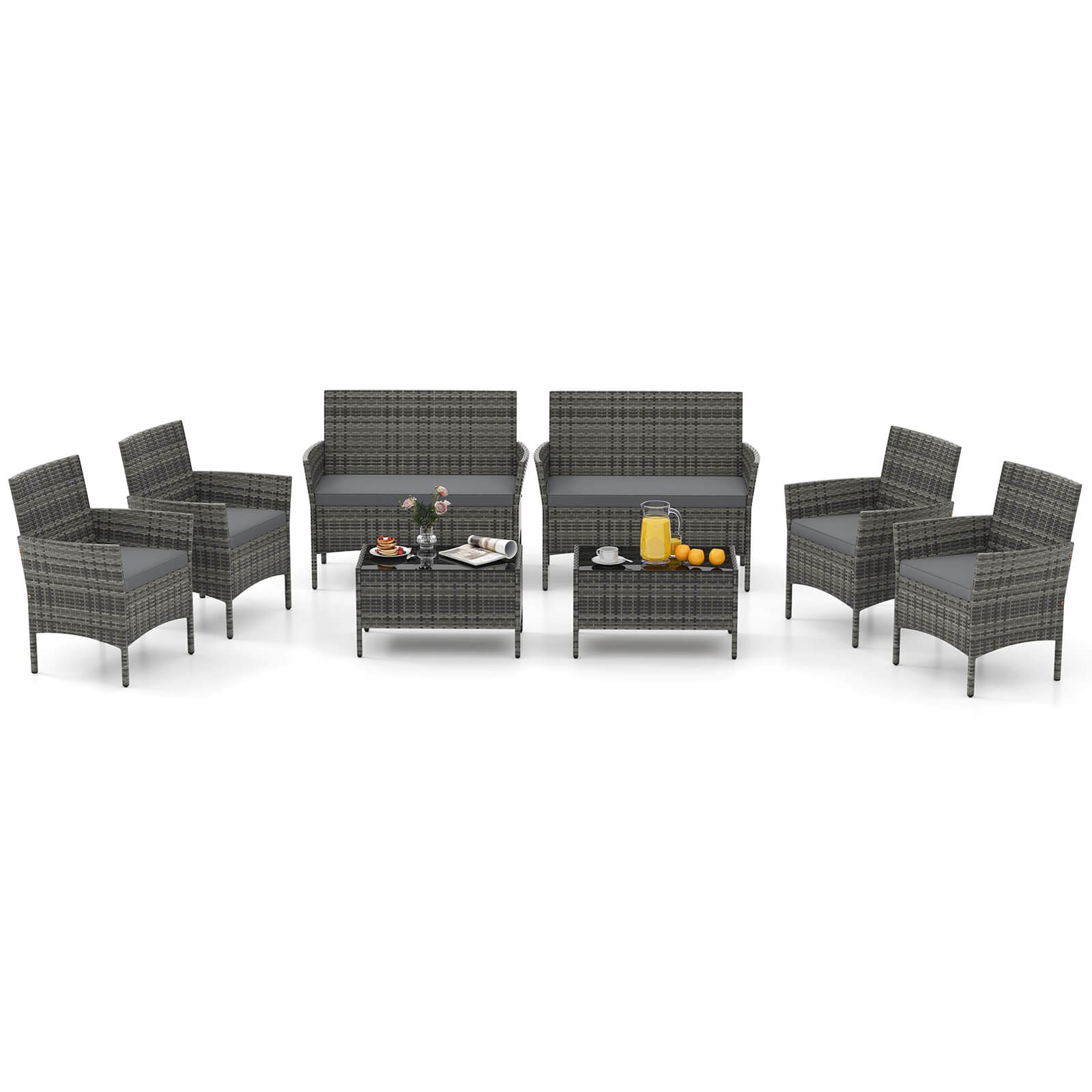 8 PCS Patio Furniture Set w/Washable Cushions and Tempered Glass Coffee Table