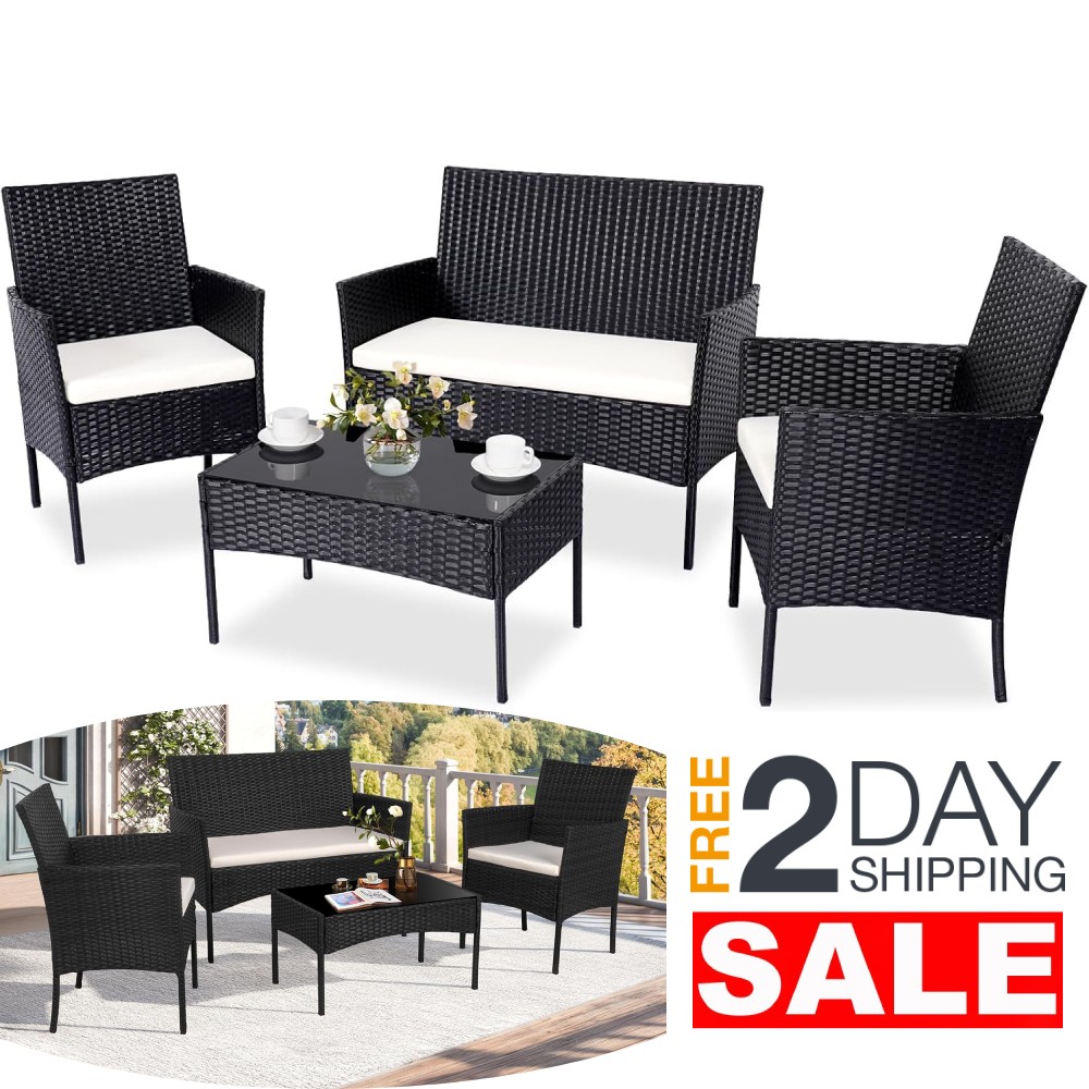 4 Piece Black Outdoor Patio Furniture Set Outdoor Porch With Cushions Clearance