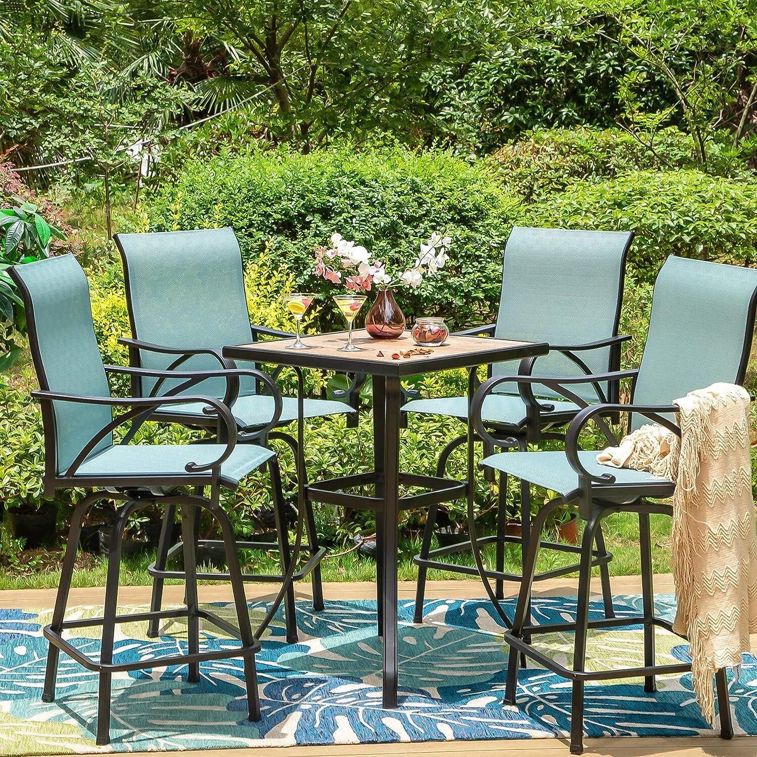 5 Pcs Patio Bar Table Chair Set Swivel Bar Height Chair Bar Stools Outdoor Table