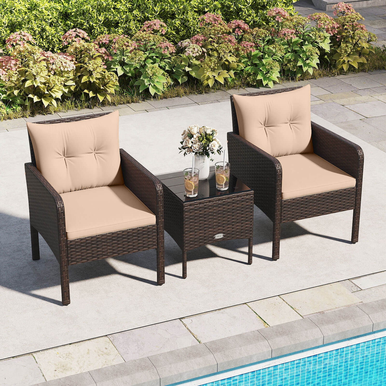 3 PCS Patio PE Wicker Furniture Set w/Cushions and Tempered Glass Coffee Table