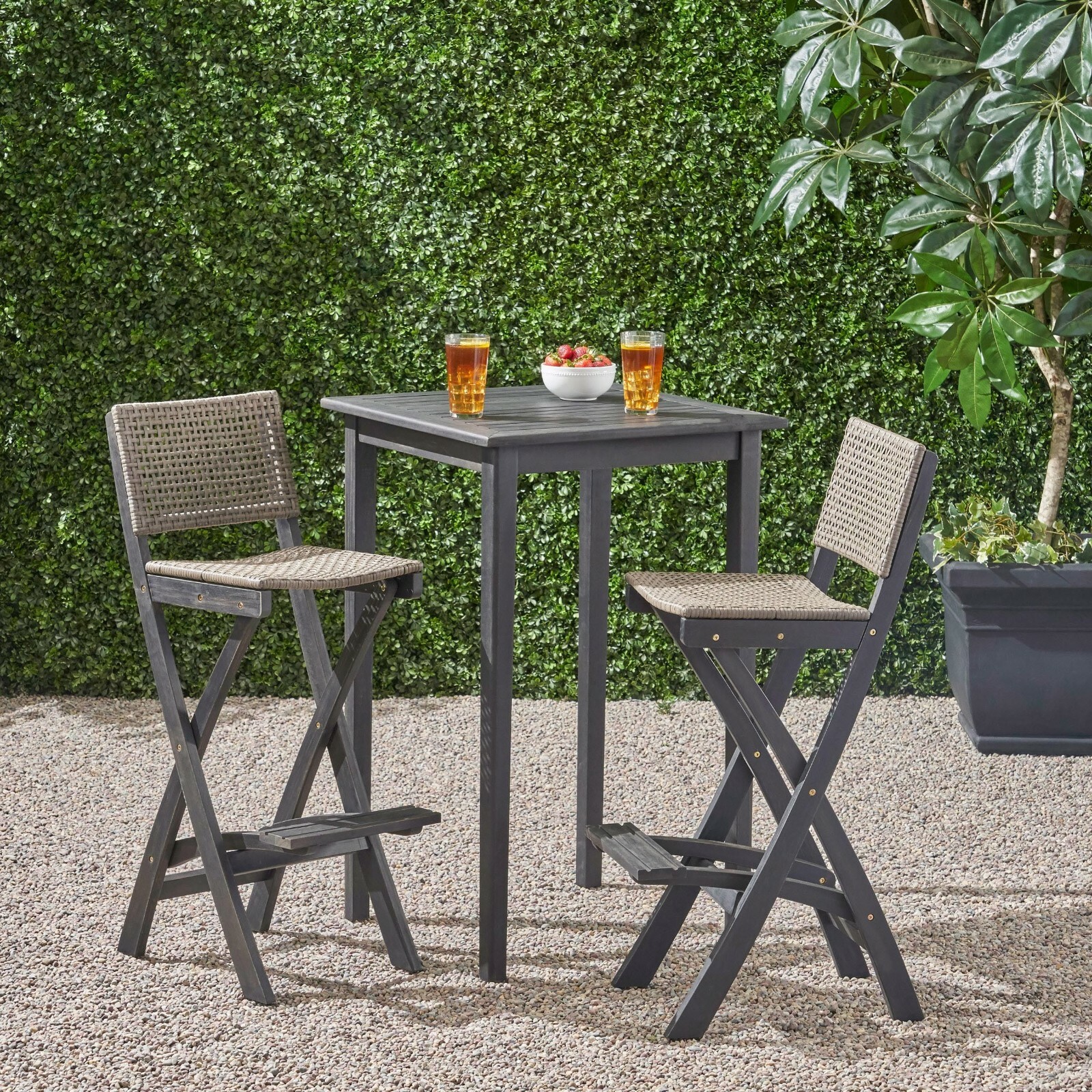 Elizabeth Outdoor 26″ Square 3 Piece Wood and Wicker Bar Height Set
