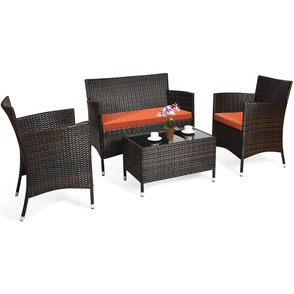 4PCS Rattan Patio Furniture Set Cushioned Sofa Chair Coffee Table Orange