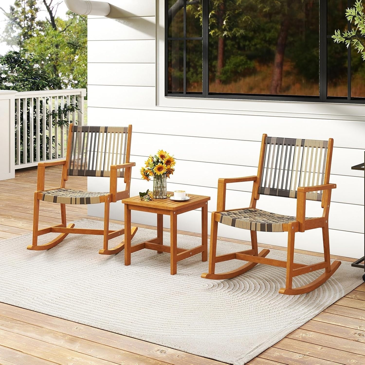 3 PCS Rocking Bistro Set PE Rattan Front Porch Chairs w/ Coffee Table