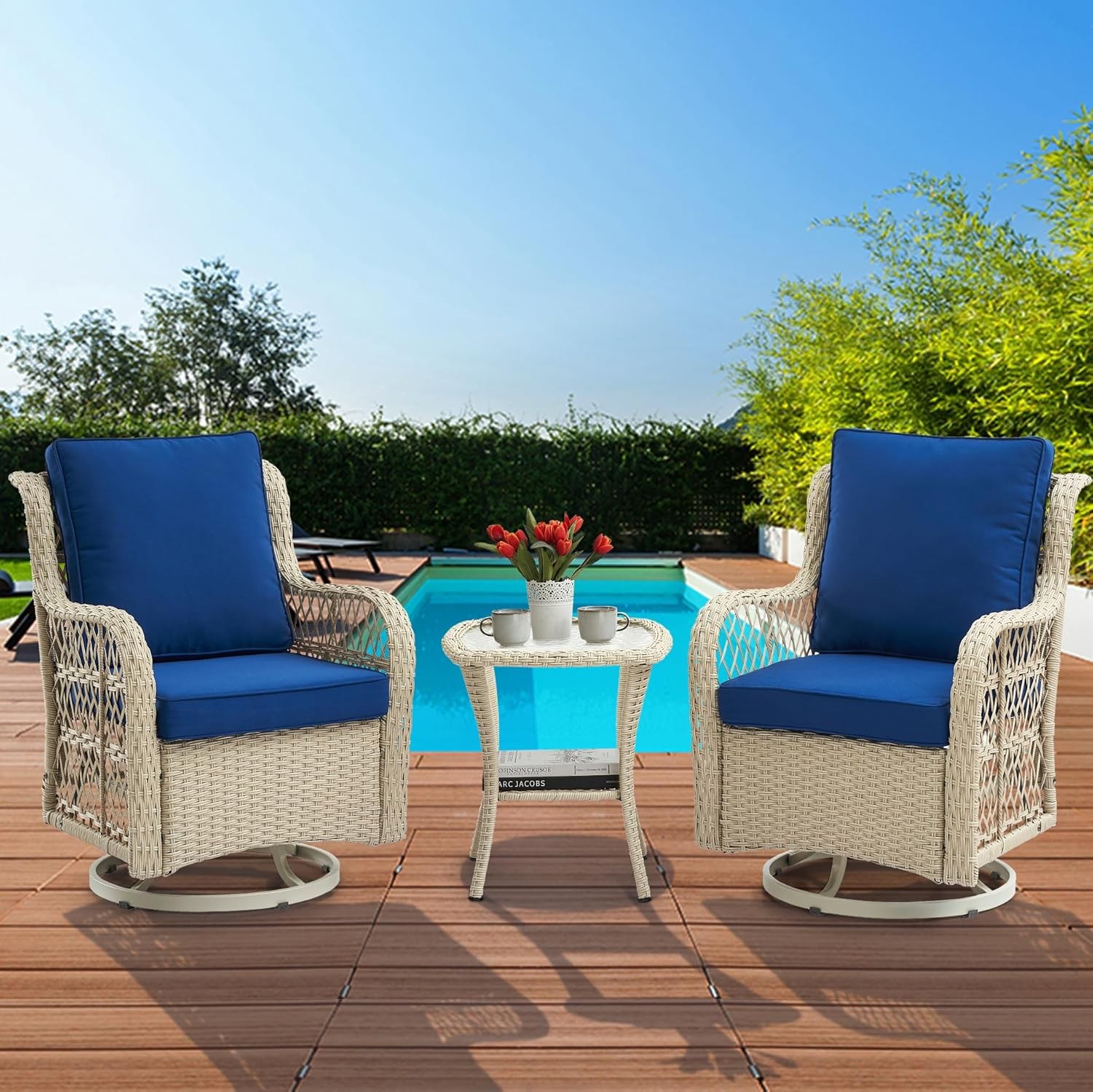 3Pcs Outdoor Wicker Swivel Chairs, Swivel Rocking Chair Set of 2 with Side Table