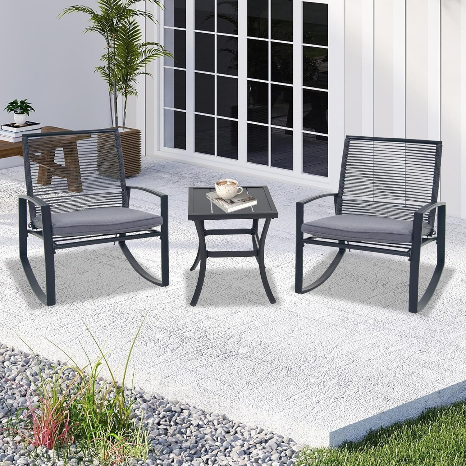Domi 3-Piece Wicker Rocking Chair Set w/ Cushions & Table for Backyard,Grey
