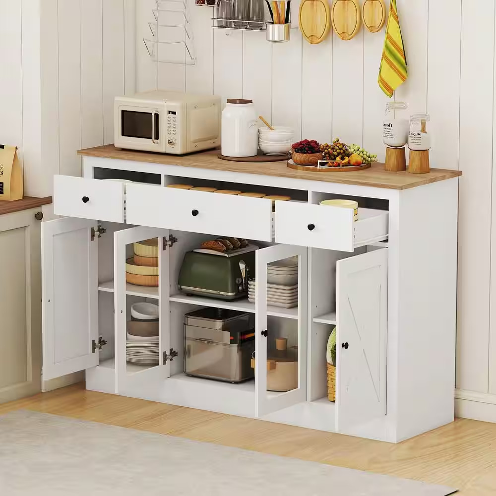 White 55 In. Wood Large Buffet Sideboard W/ 3-Drawers 2 See-Through Doors Adjust