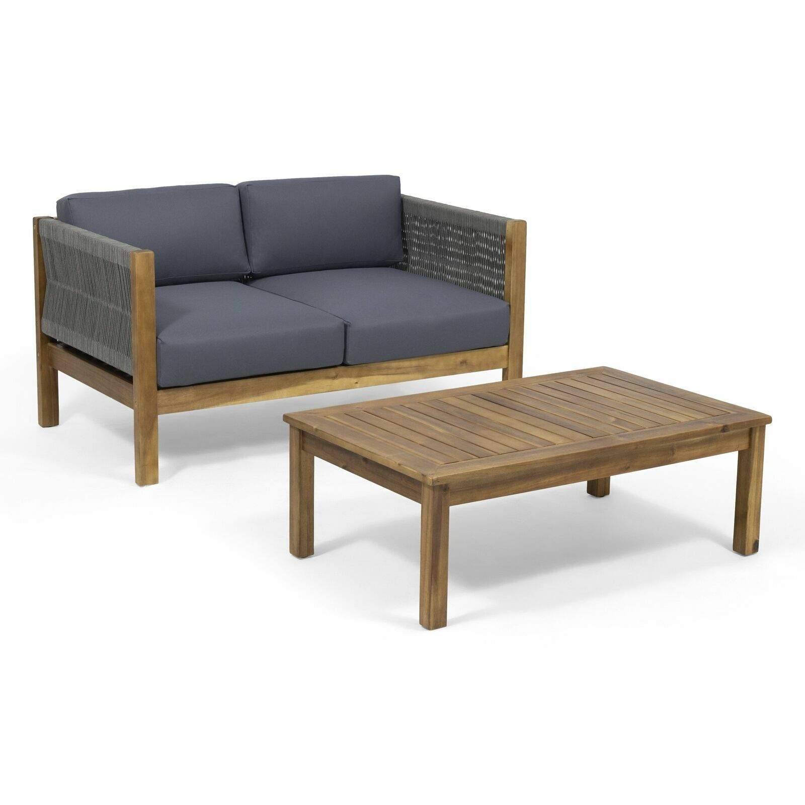 Modern Outdoor Loveseat Set, Teak and Gray