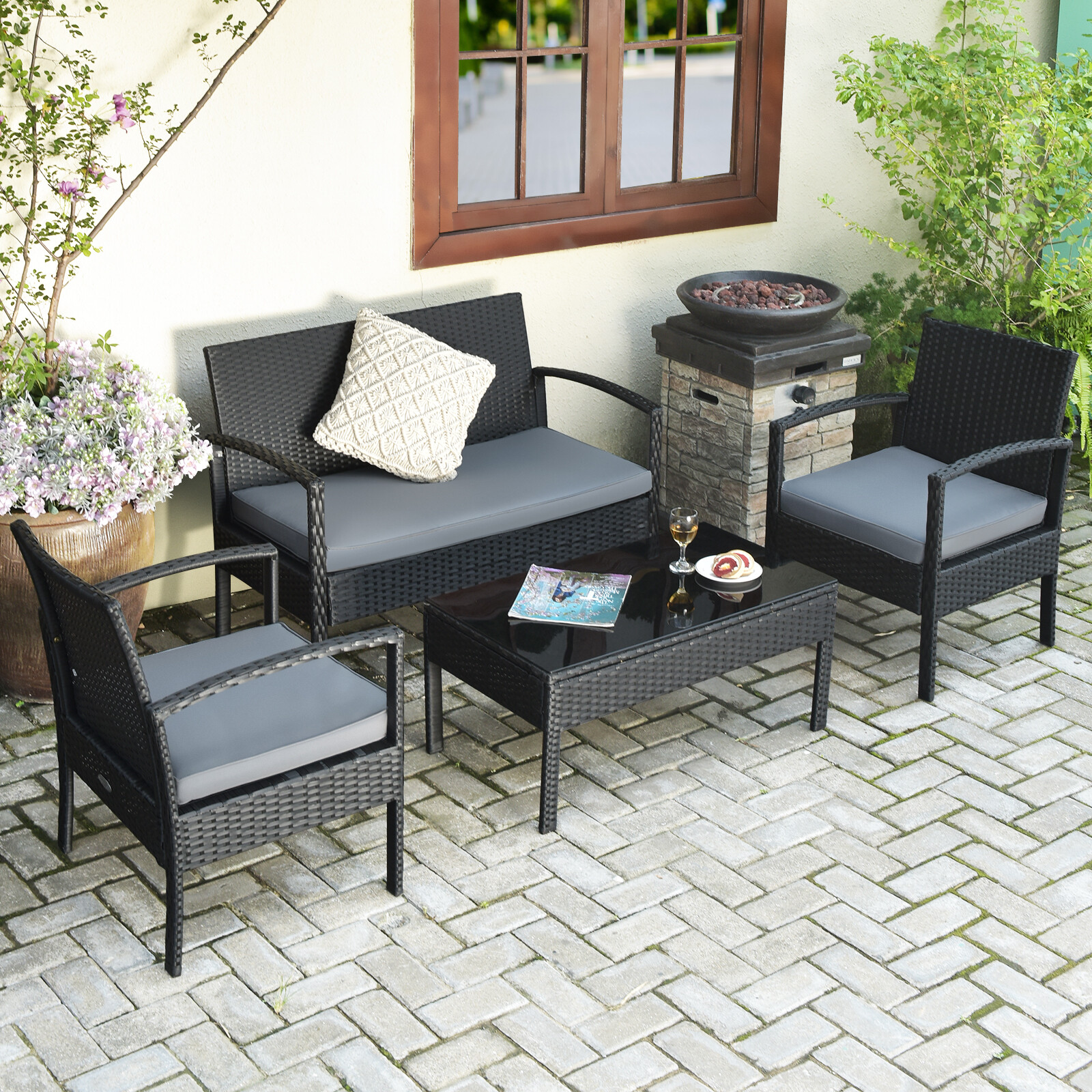 4PCS Outdoor Patio Rattan Furniture Set Cushioned Sofa Coffee Table Garden Deck