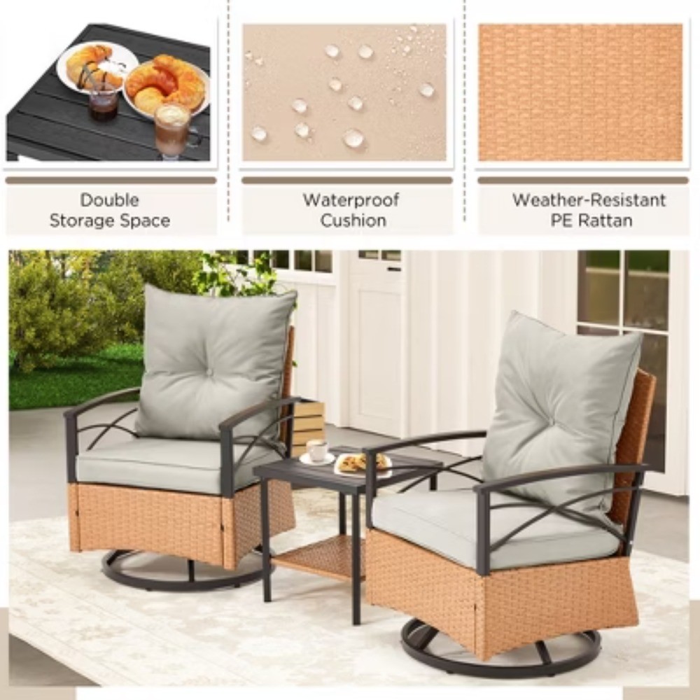HOMMOW 3-Piece Patio Swivel Rocker Set: 2 Rattan Chairs & 1 Coffee Table