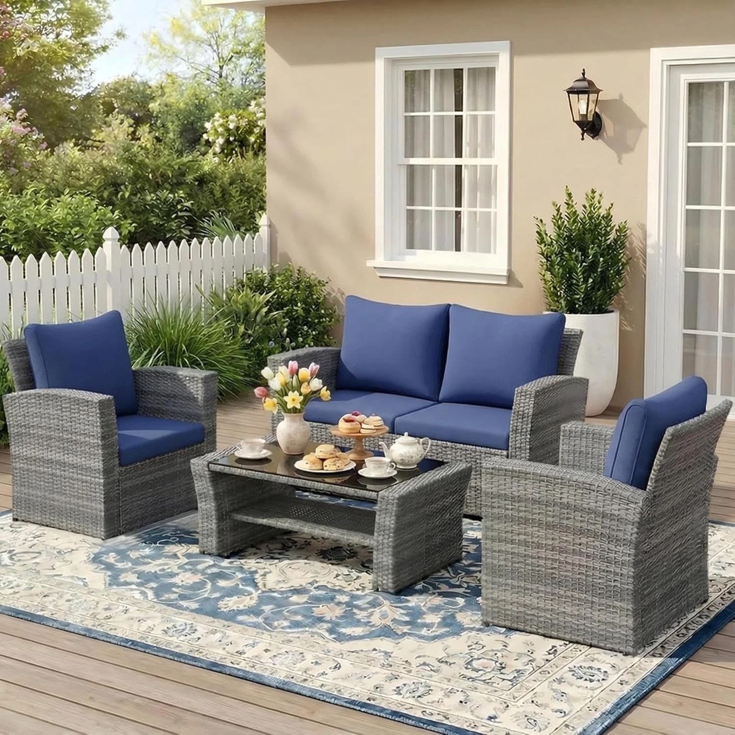 All-Weather Navy Blue Wicker Outdoor Lounge Set with Double Layer Storage Table