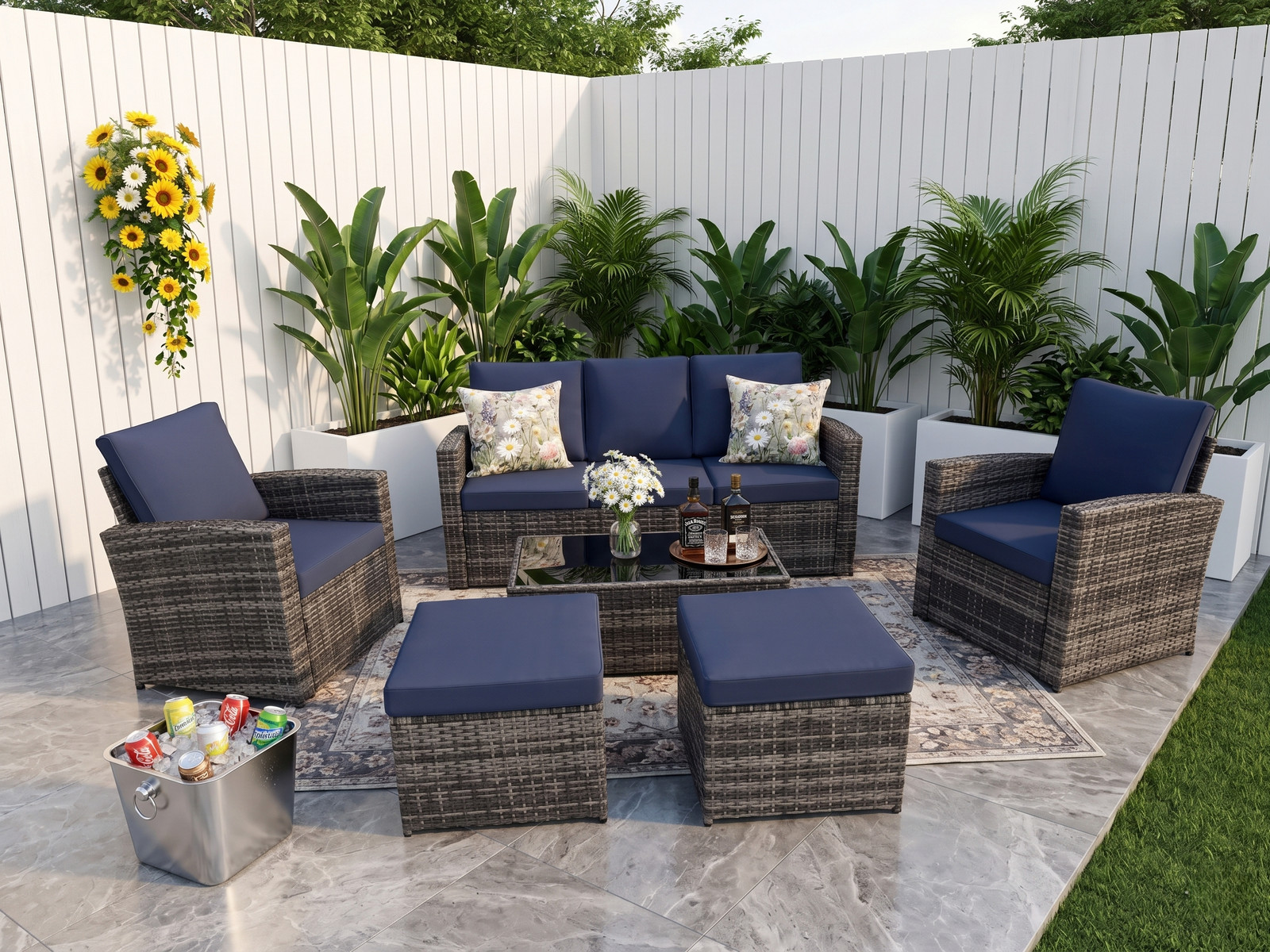 Half-Moon Sectional Round Patio Furniture Sofa Set Seats 6 Dark Blue
