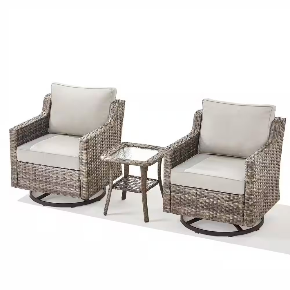 Hort 3-Piece Gray Wicker Outdoor Rocking Chair Set Patio Swivel Glider Lounge Ch