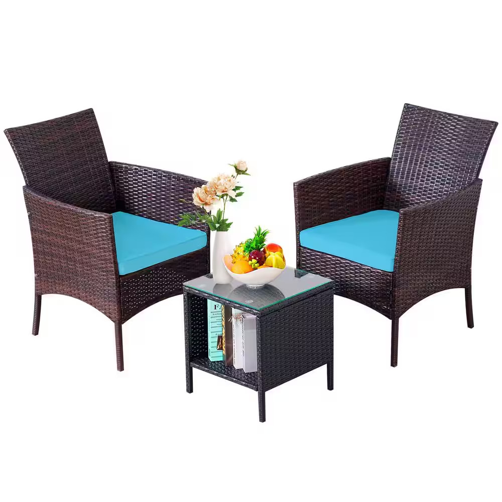 Brown 3-Piece All-Weather Wicker Patio Conversation Set Bistro Set with Coffee T