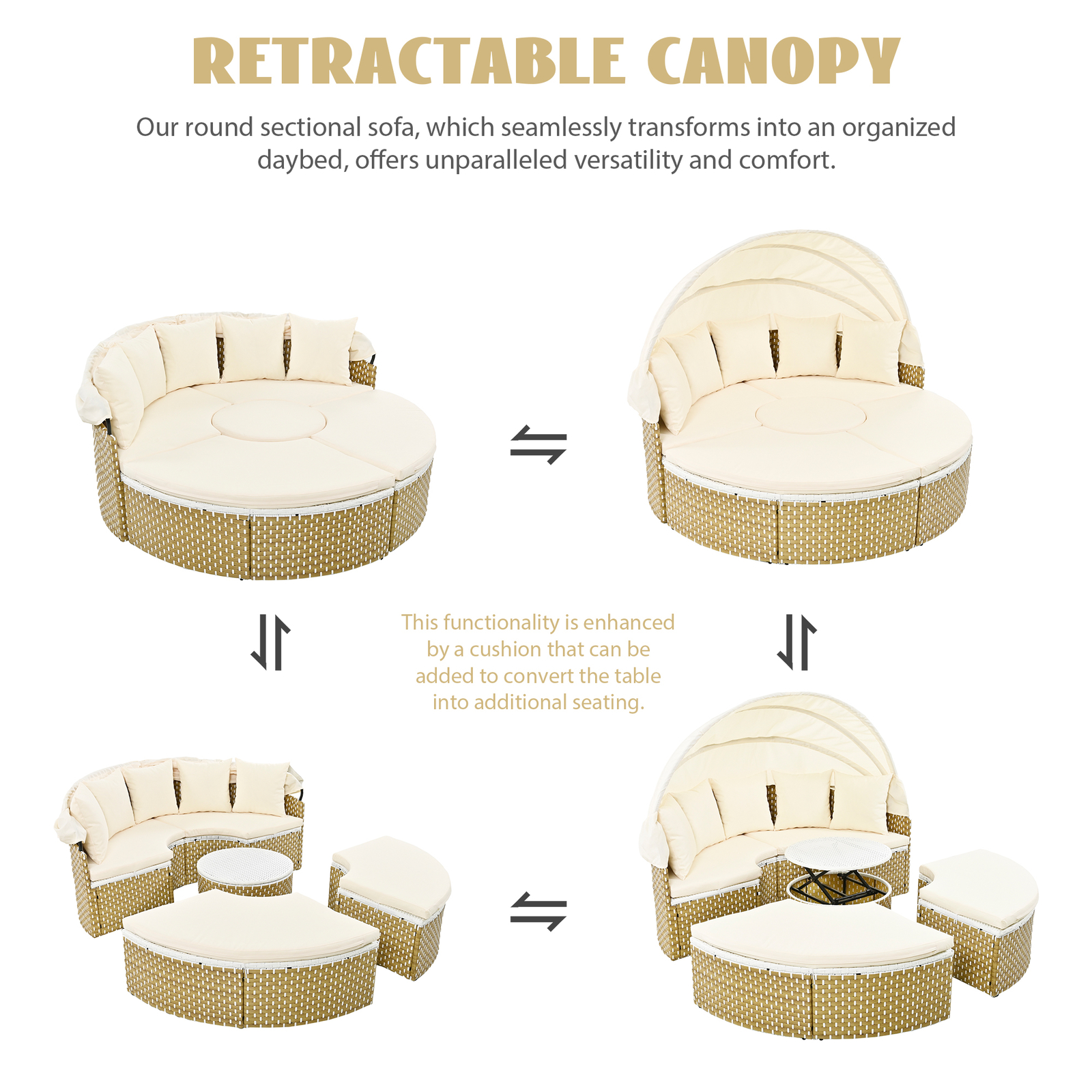 Patio Round Wicker Sunbed Daybed Sectional Sofa Set W/ Retractable Canopy Beige
