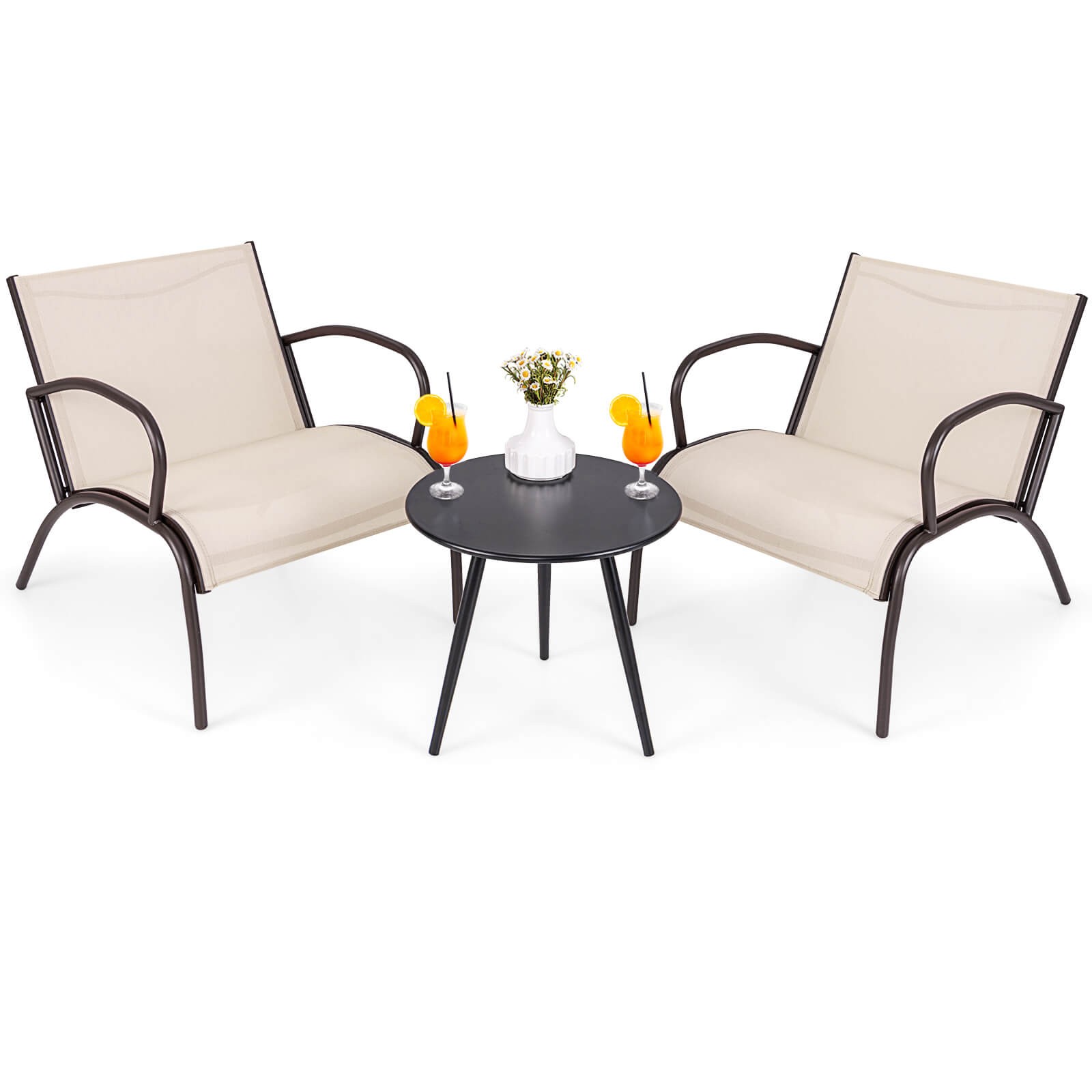 3 Piece Patio Chair Set w/ Curved Fabric Seat Round Coffee Table for Backyard