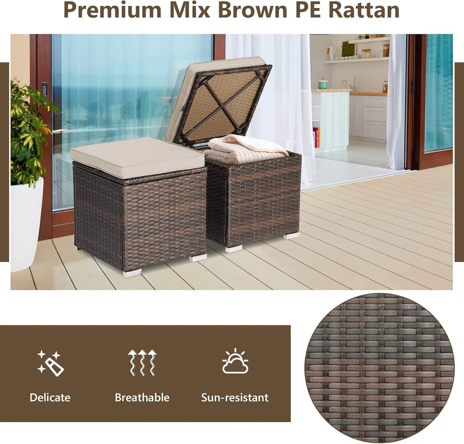Comfortable Outdoor Ottomans – Durable Rattan with Hidden Storage & Cushions
