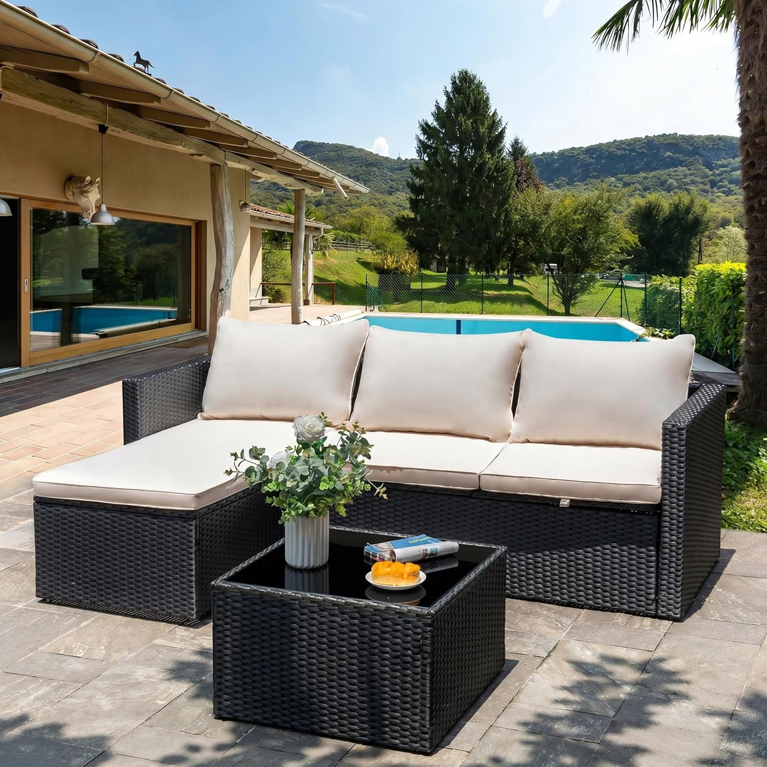 4 Pieces Patio Furniture Set, 2-In-1 Convertible Sectional Sofa & Chaise Lounge,