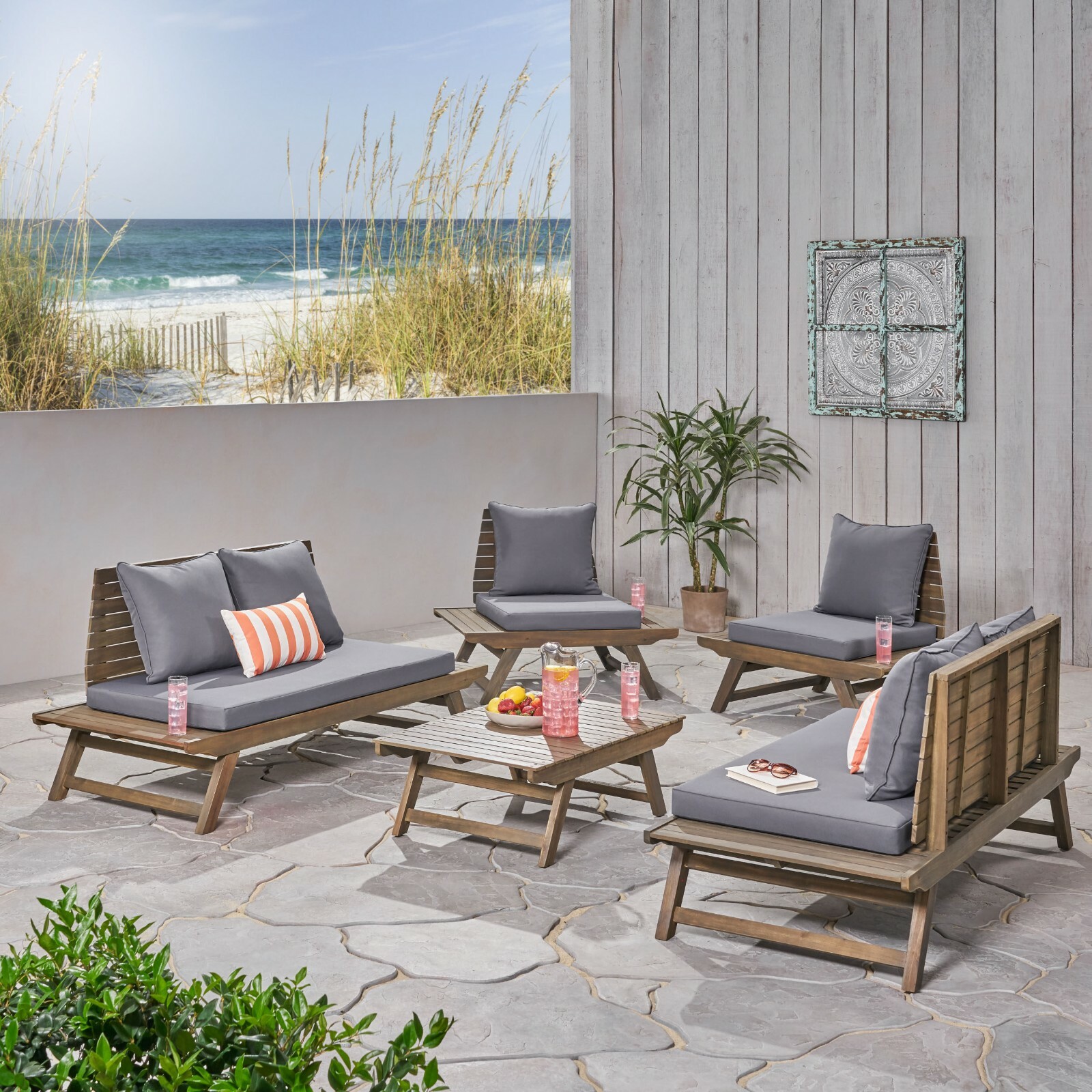 Hedy Outdoor Acacia Wood 6 Seater Chat Set