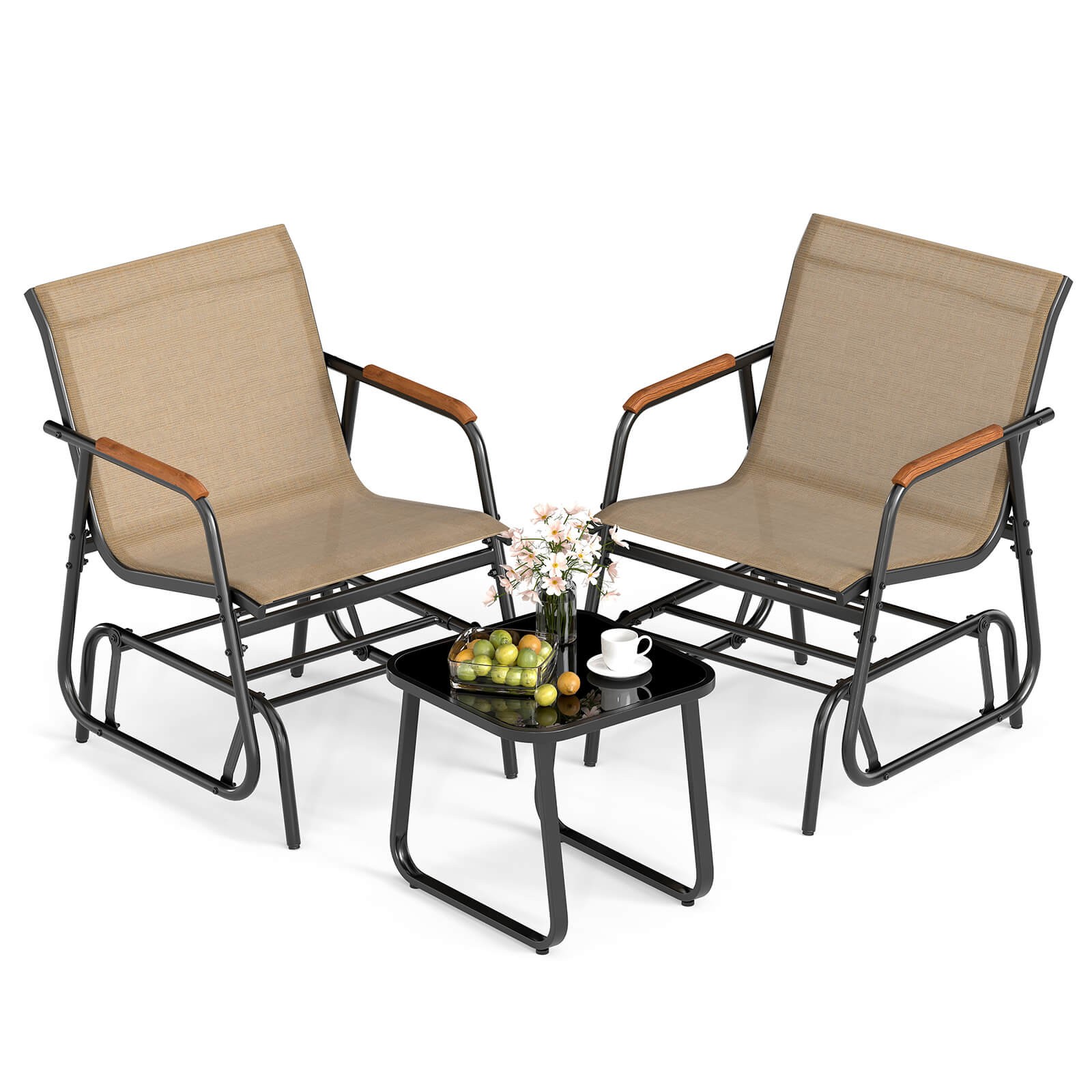 3 Piece Outdoor Gliding Set w/ Tempered Glass Coffee Table Teak Wood Armrests