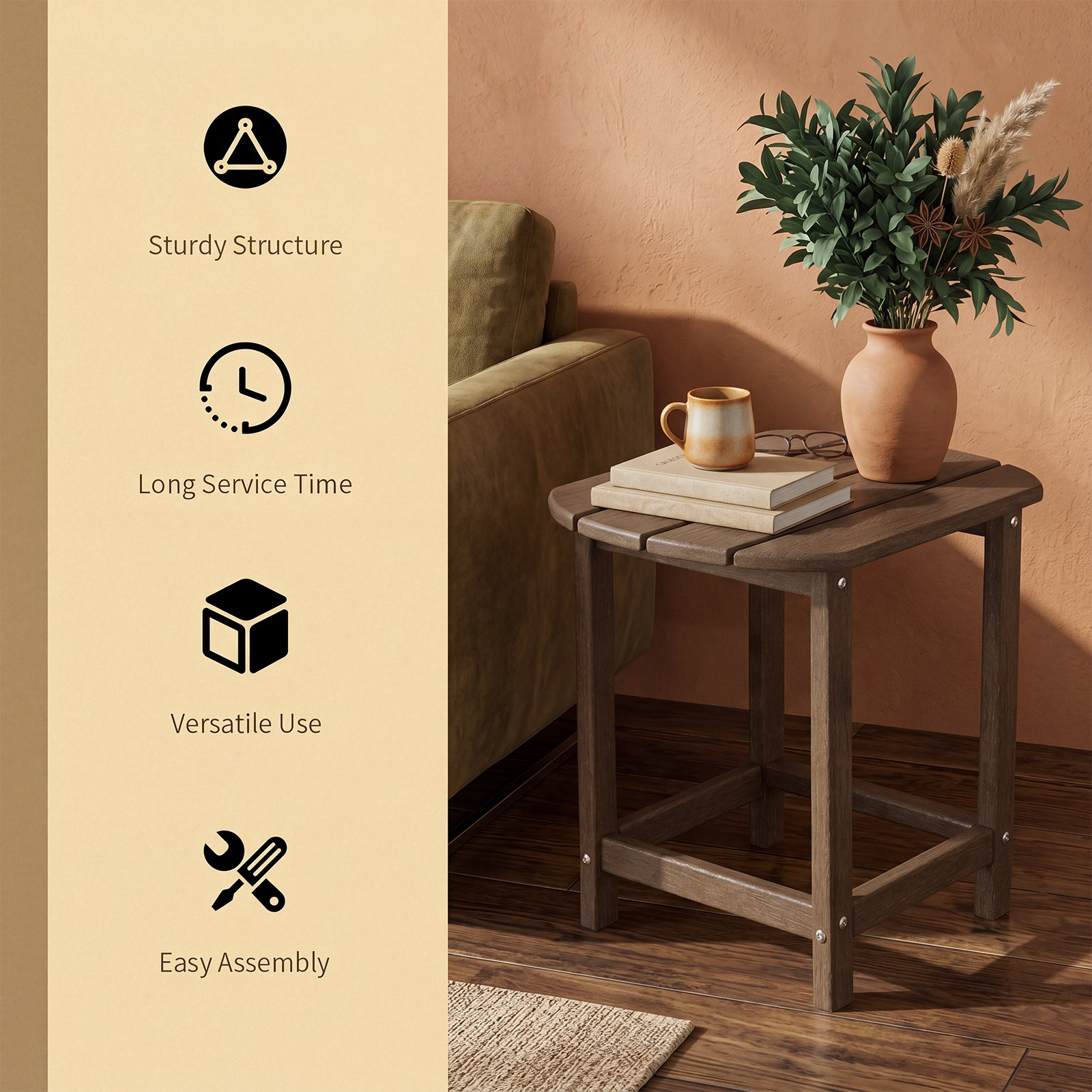 18″ Patio Adirondack Side Table, Weather Resistant, HDPE for Garden, Brown