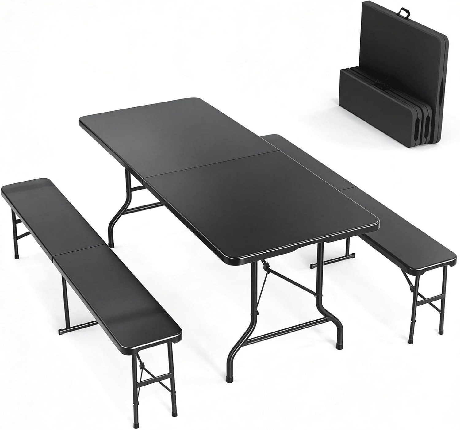 Picnic Table Set with 2 Benches, 6 Feet Camping Table Chair Set, 3-Piece Folding