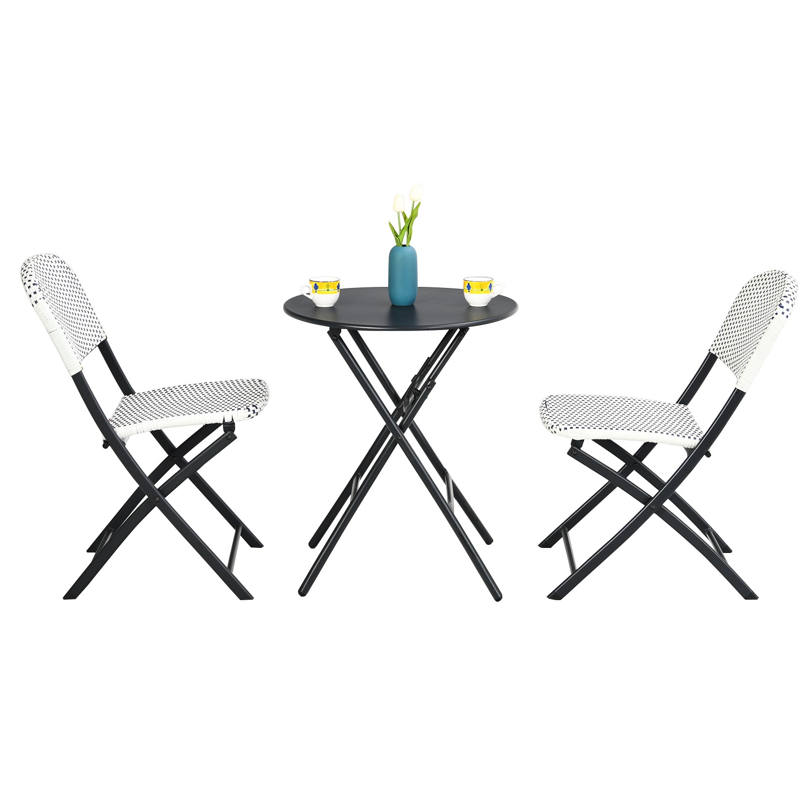 Costway 3PCS Patio Rattan Bistro Set Folding Table Chairs Garden Deck
