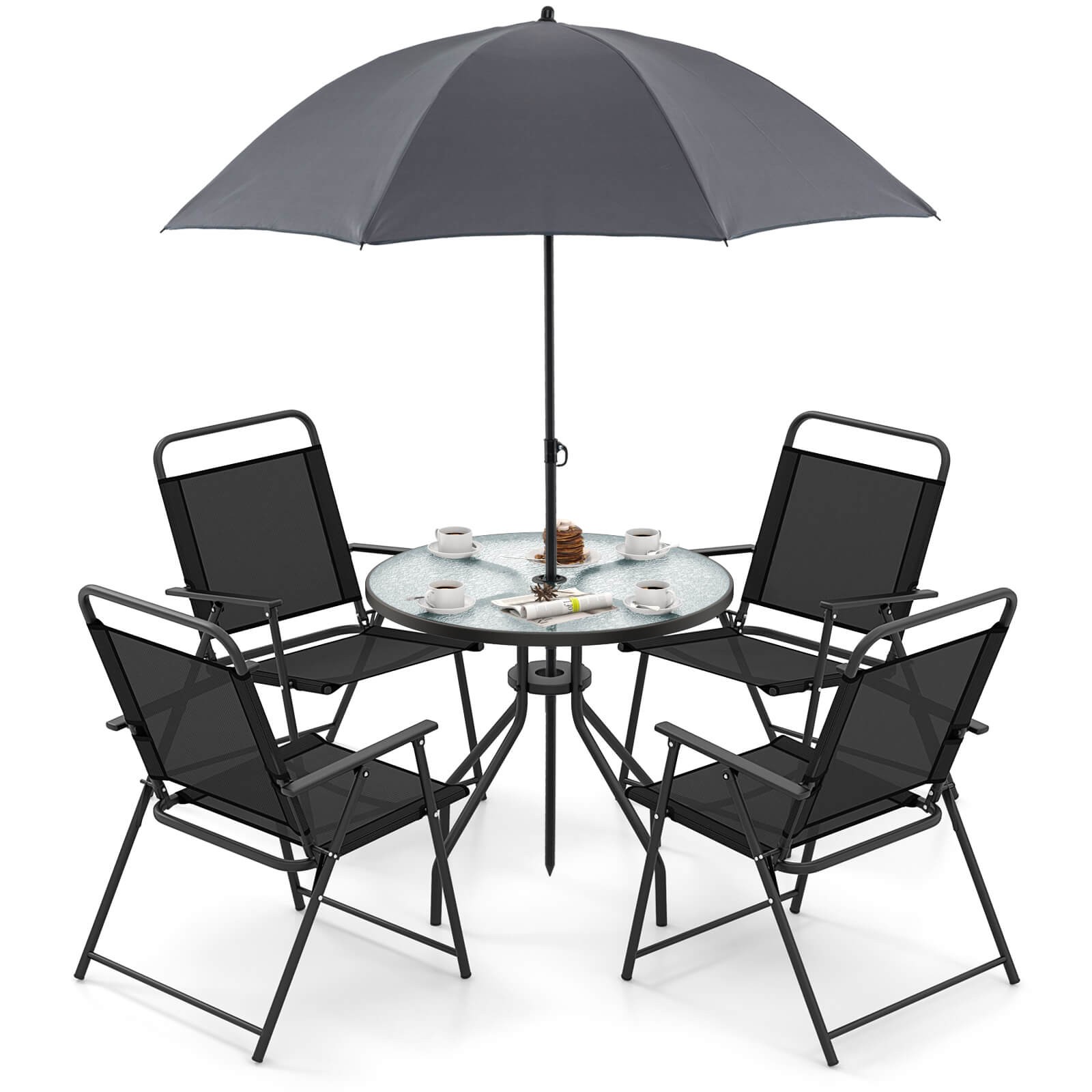 Patiojoy 6 PCS Patio Dining Set Folding Chairs Glass Table Tilt Umbrella Garden