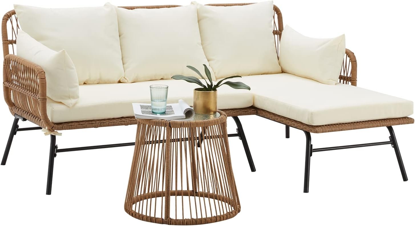 3 Piece Patio Furniture Set L-Shaped Sectional Conversation Sofa Set W/ Thick